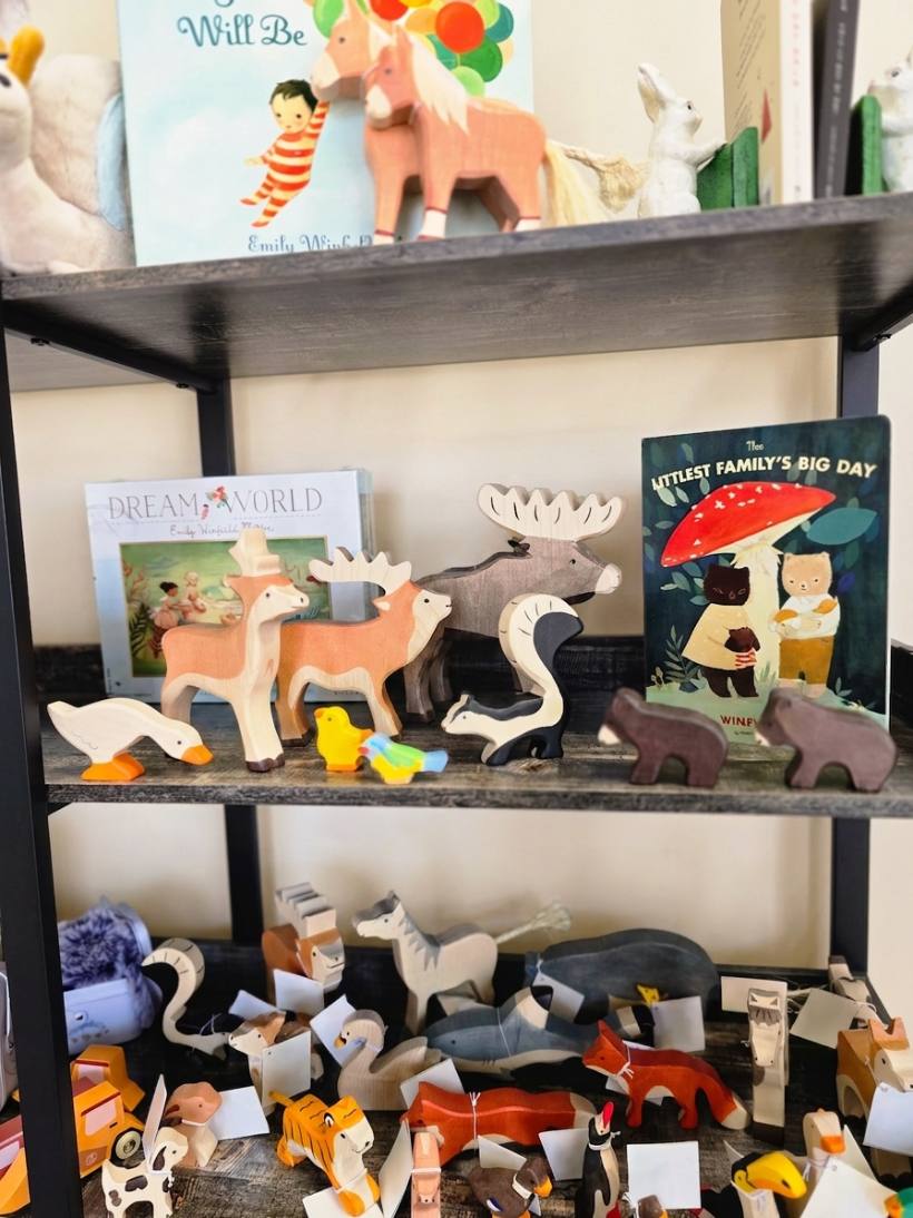 Hand-painted wooden animal figurines with children's picture books
